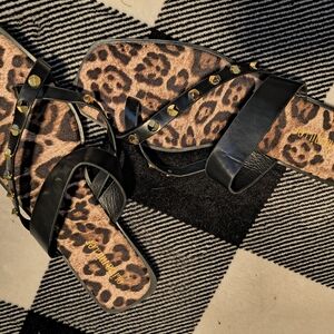 Leopard Print Sandals with Black Straps